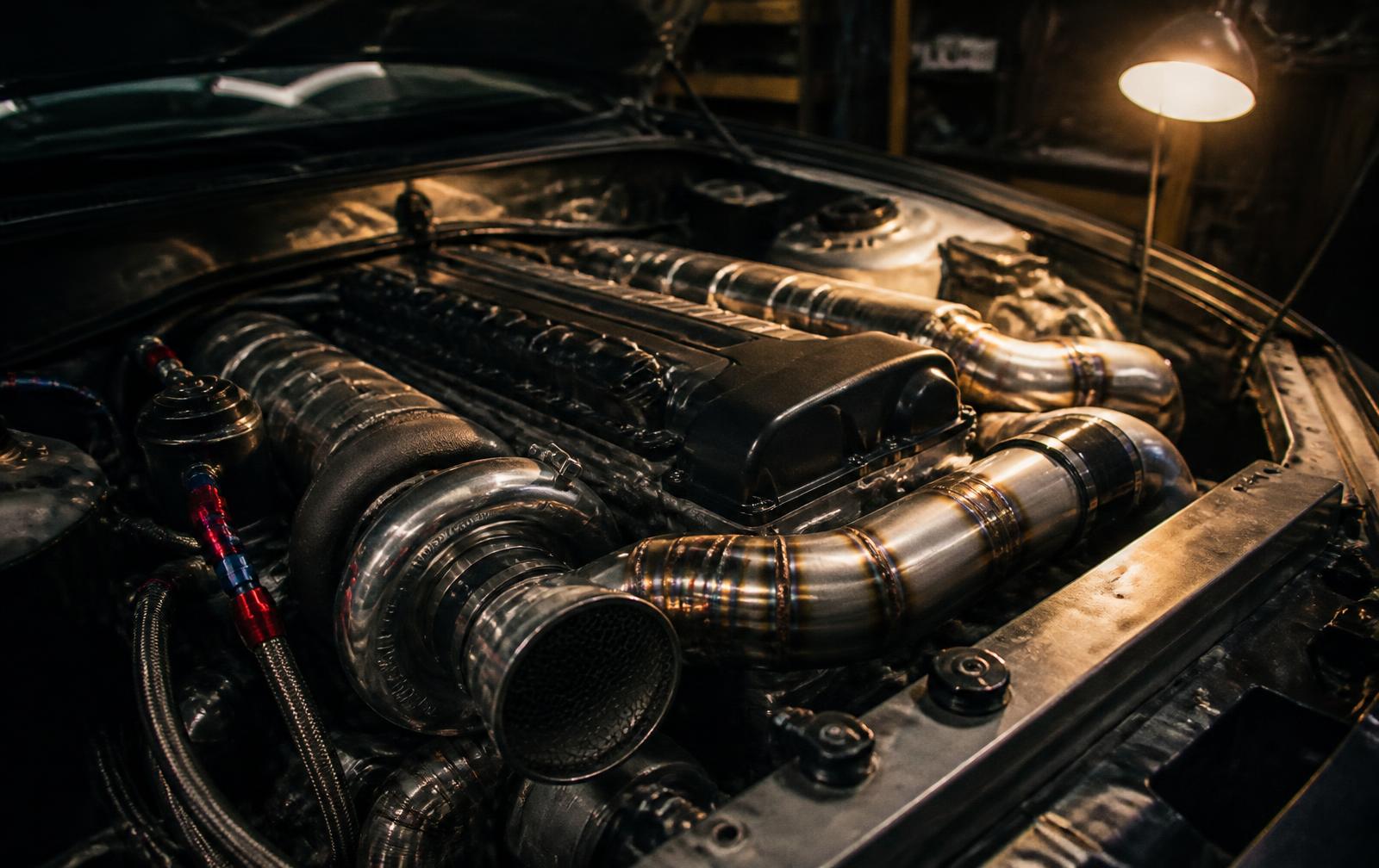 Modified engine bay under a work lamp