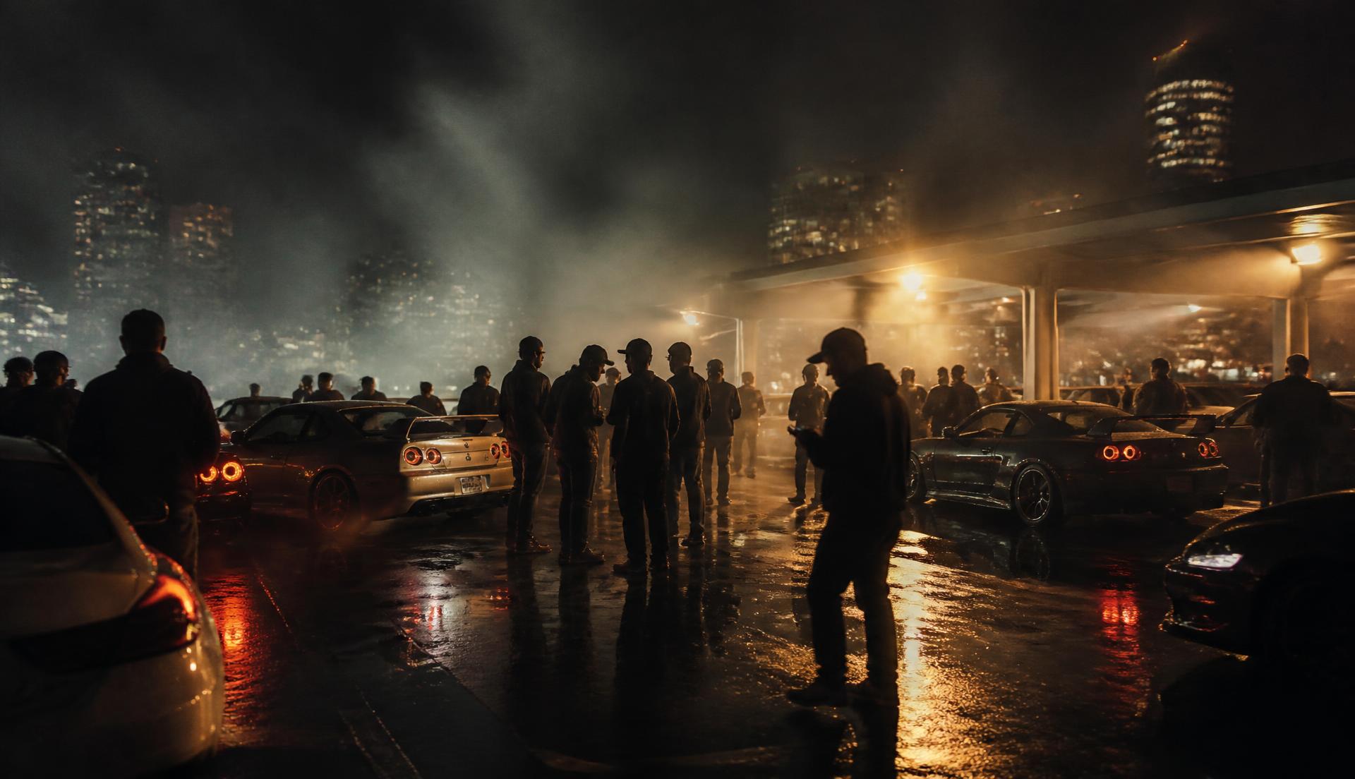 Night meet with enthusiasts and modified cars under sodium light