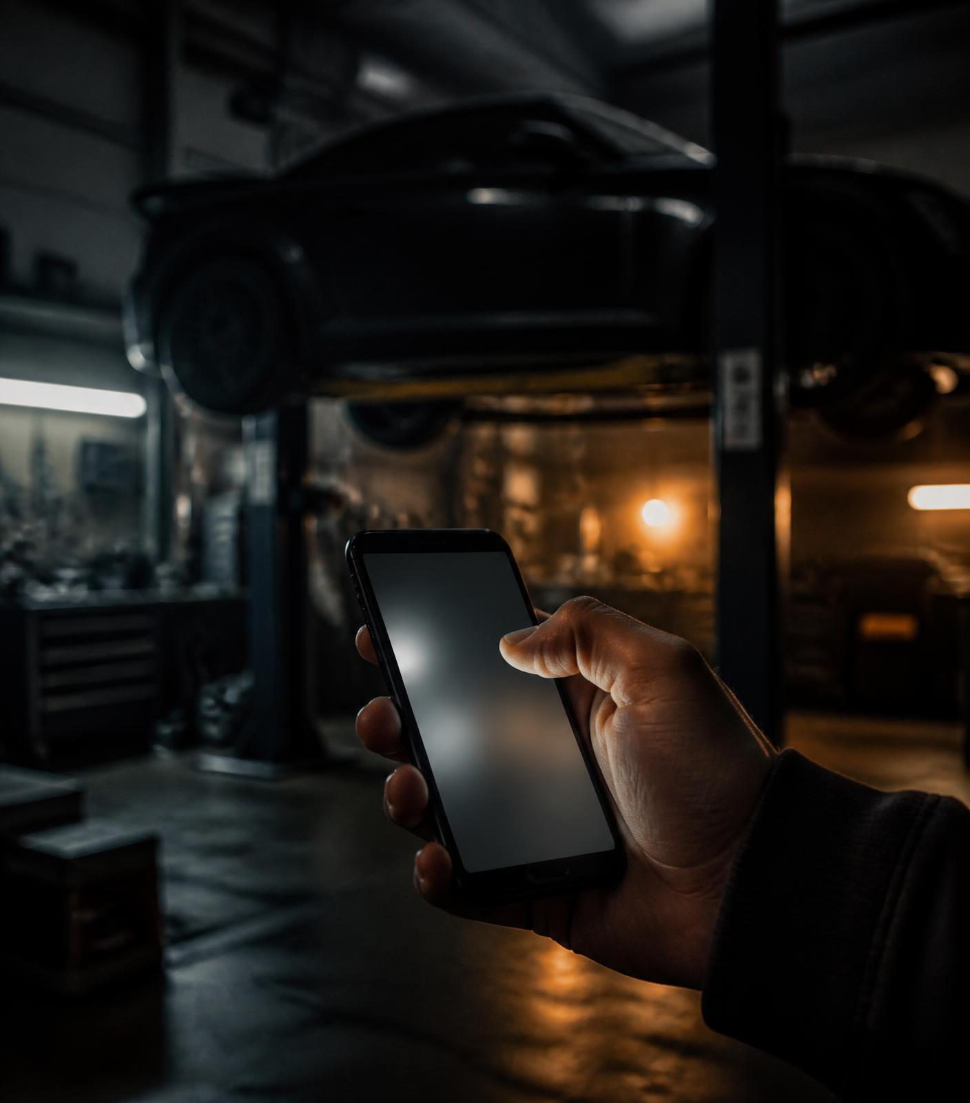 A hand holding a phone in a dark performance workshop