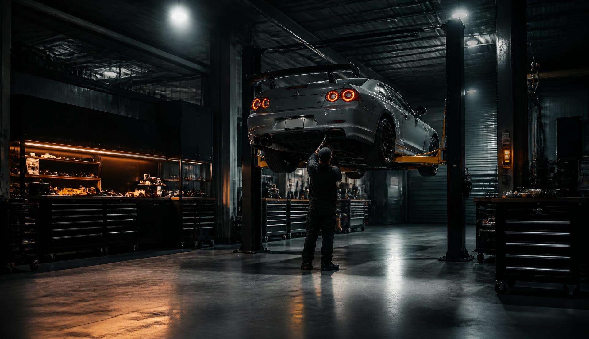 A modified car on a lift in a performance shop at night